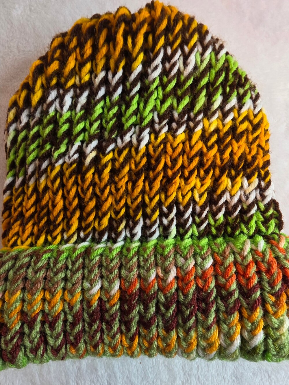 Knit Multicolor Beanie Hat Green Brown Orange Fold Cuff